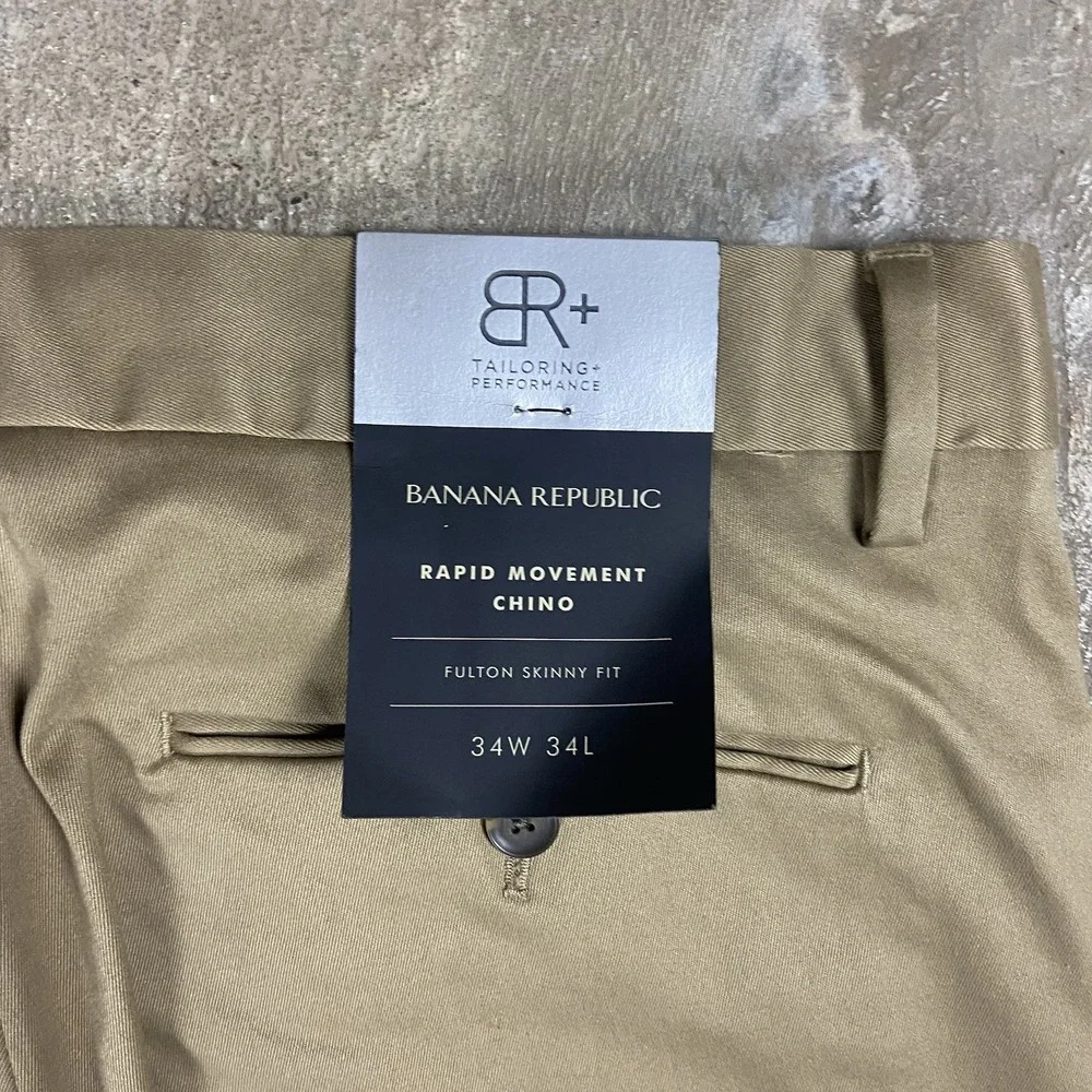NWT Banana Republic Rapid Movement Chino Pants Size 34x34 Tan Khaki Casual Wear
